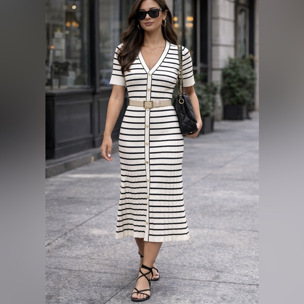 Tahari Striped Ribbed Pleated Stretch Fit and Flare Midi Dress small